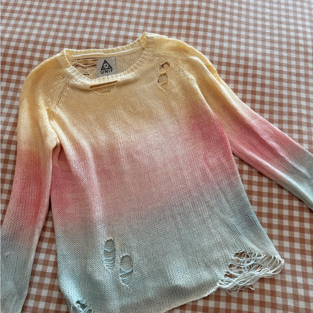UNIF Ombre Distressed Crewneck Sweater in Yellow Pink Gray
